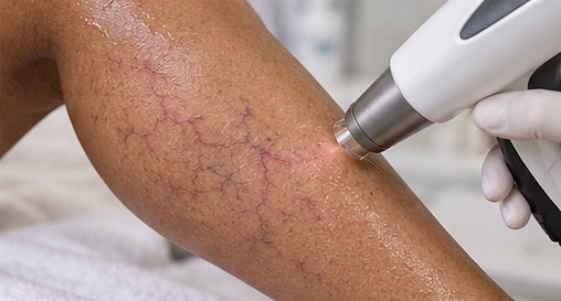 Illustrative image: handheld laser device over small visible leg veins.