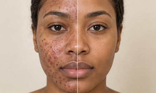 Illustrative image: split-face comparison of acne-affected and clearer skin.