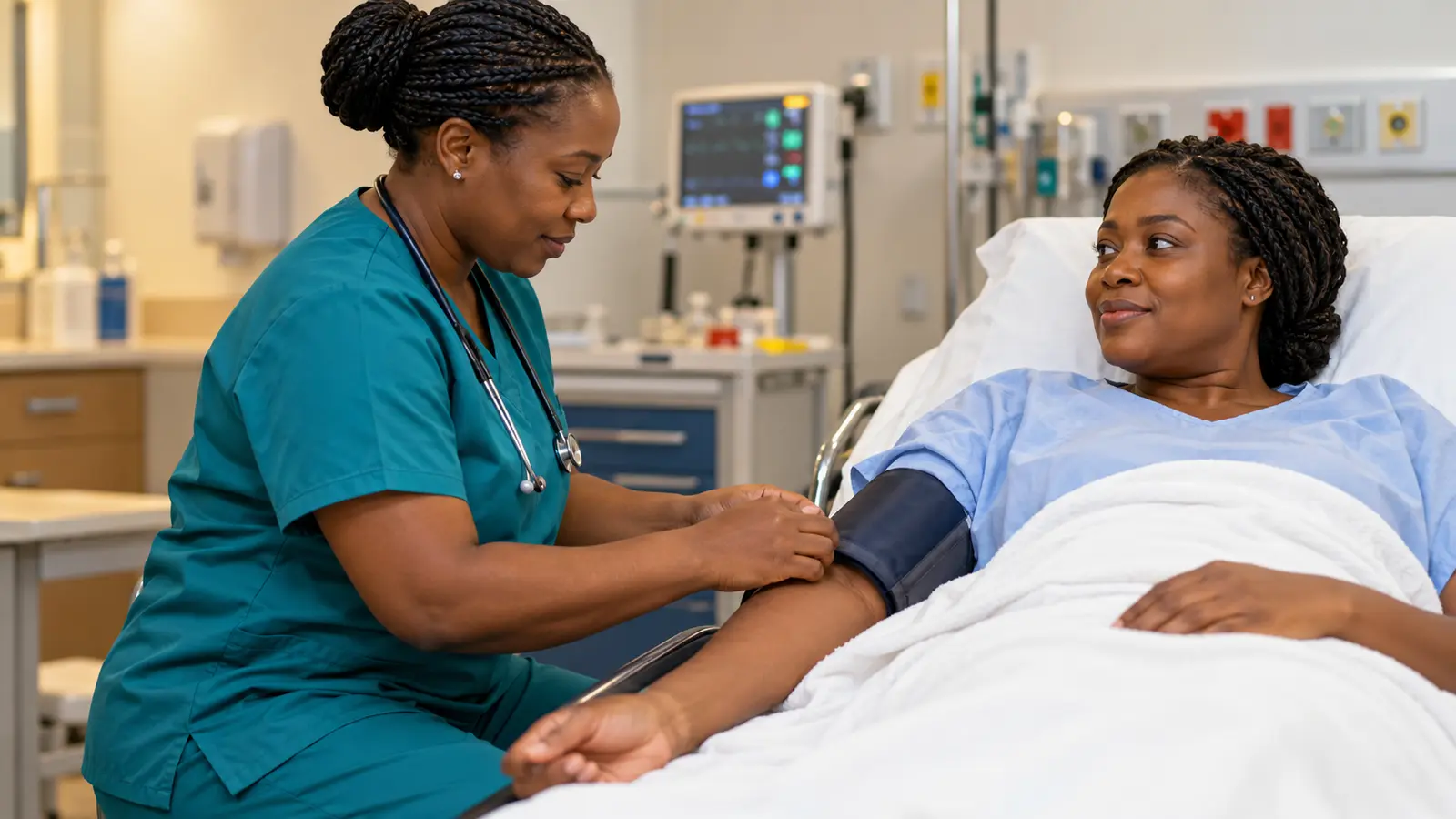 Clinician checking a patient’s blood pressure before surgery.
