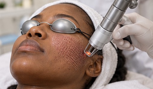 Illustrative image: fractional CO₂ laser handpiece over a woman’s cheek, eyes protected.