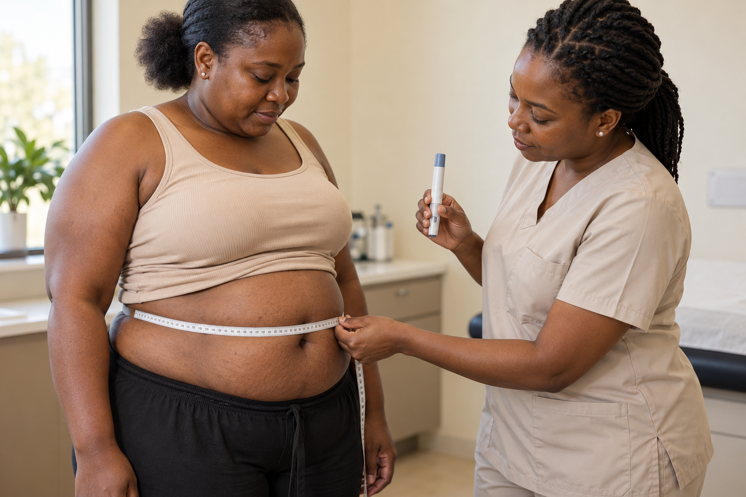 Illustrative image: a clinician measuring a patient's waist while holding a once-weekly injection pen during a weight-management consultation.