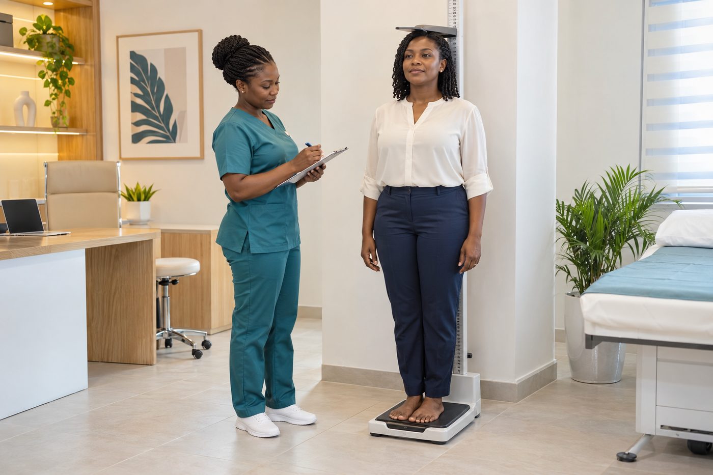 A nurse recording a patient’s height and weight using a medical scale and stadiometer.