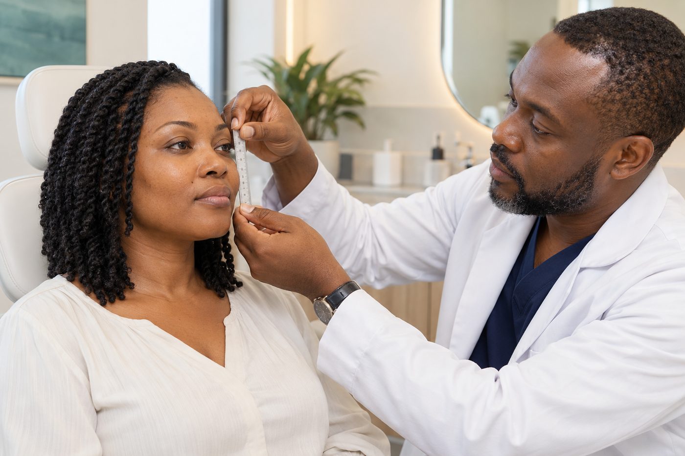 A medical doctor assessing facial proportions with a measurement ruler.