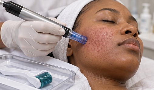 Illustrative image: microneedling pen used on a woman’s cheek, with a derma roller tray.