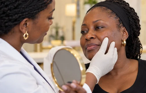 Clinician gently examining a Ghanaian woman's cheek while she looks into a hand mirror.
