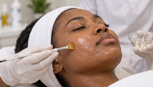 Illustrative image: peel solution being applied to a woman’s cheek with a brush.