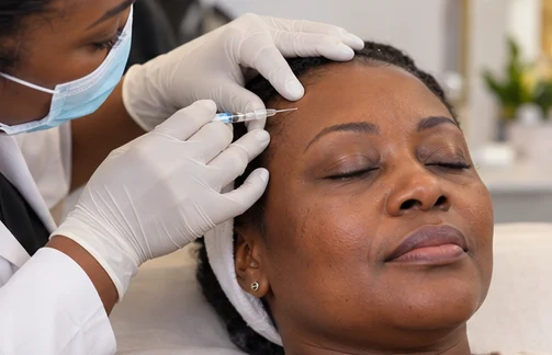 Gloved clinician giving a forehead injection to a relaxed Ghanaian woman lying on a treatment couch.