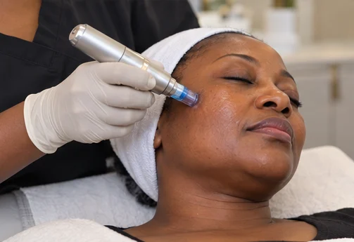 Gloved practitioner using a medical microneedling pen on a woman's cheek.