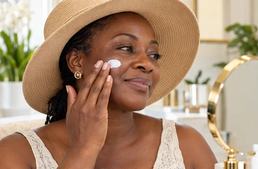 Ghanaian woman in a wide-brimmed sun hat applying sunscreen to her cheek.