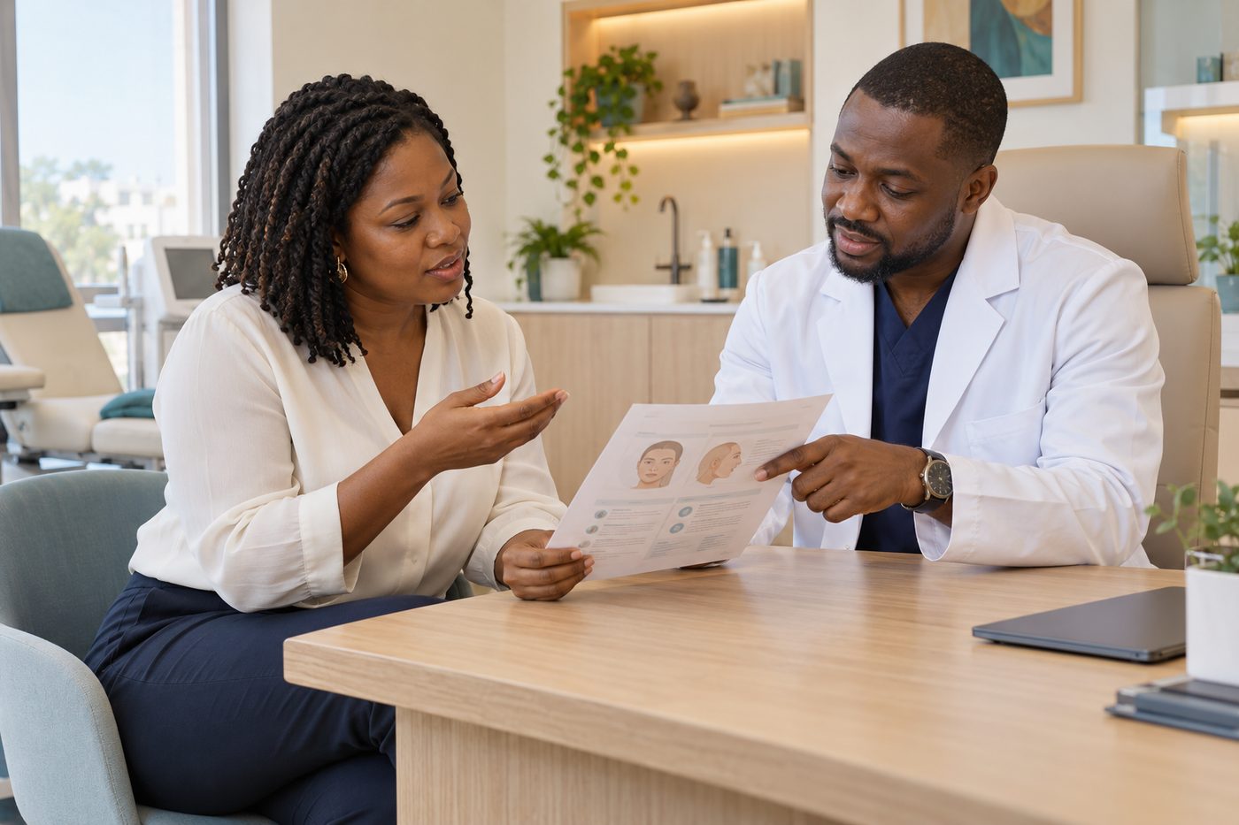 A doctor explaining a written treatment information sheet to a patient.