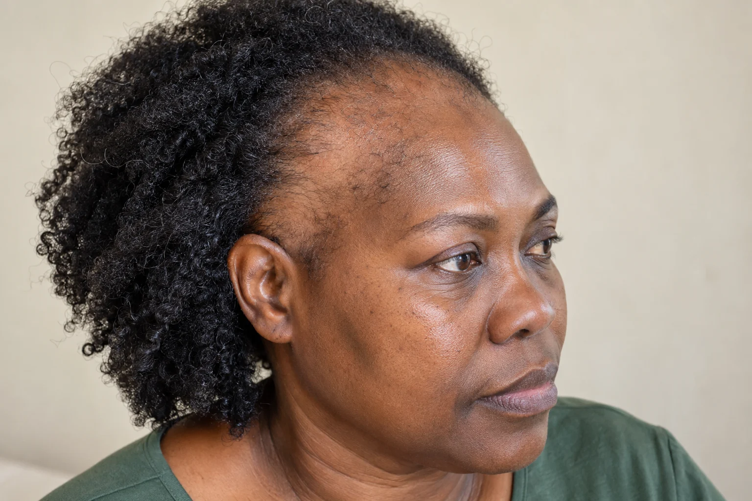 African woman with a broad area of hair loss at the temple and front hairline.