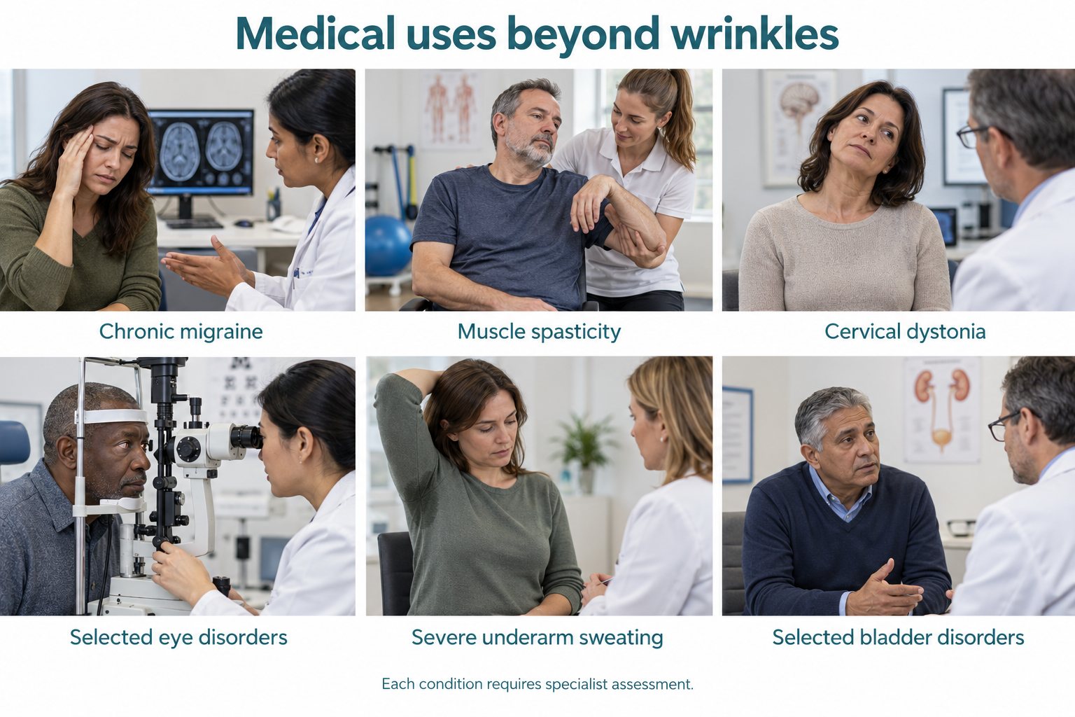 Six-panel collage showing clinical care for migraine, spasticity, cervical dystonia, eye disorders, sweating and bladder disorders.