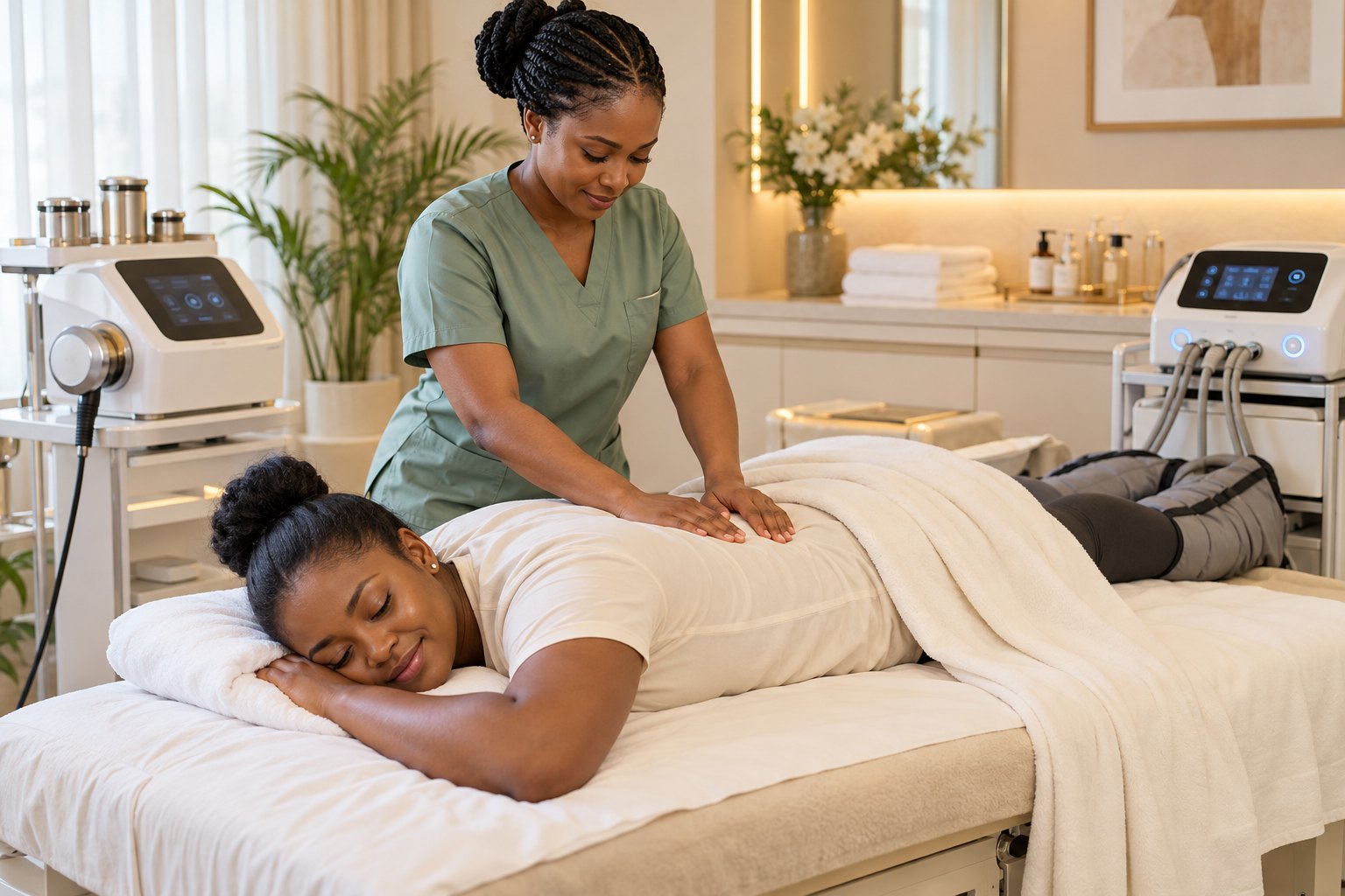 Illustrative image of a nurse providing recovery care to a relaxed patient on a treatment bed, with recovery equipment nearby.