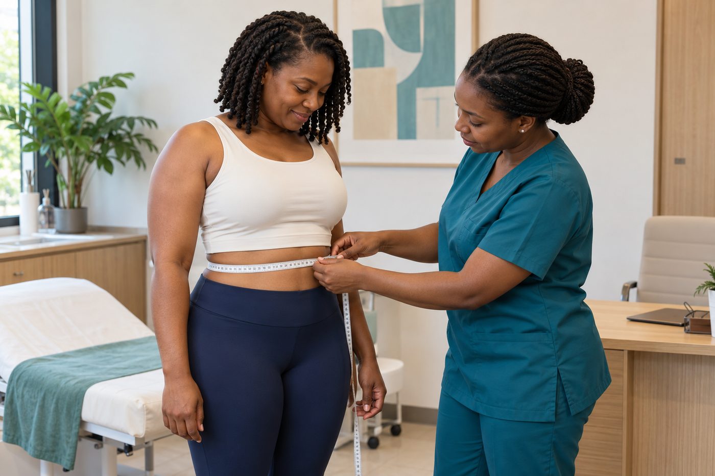 A clinician measuring a patient’s waist during a body contouring assessment.