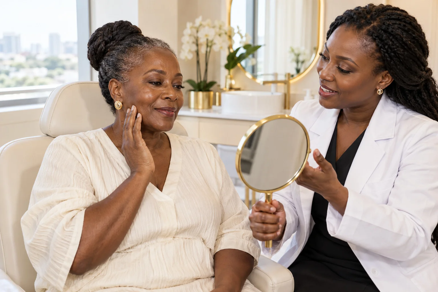 Ghanaian woman in her fifties discussing facial skincare with a female clinician and a hand mirror.