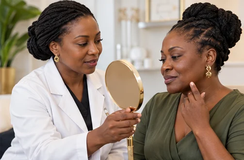 A female clinician holding a gold hand mirror while discussing facial concerns with a Ghanaian woman.