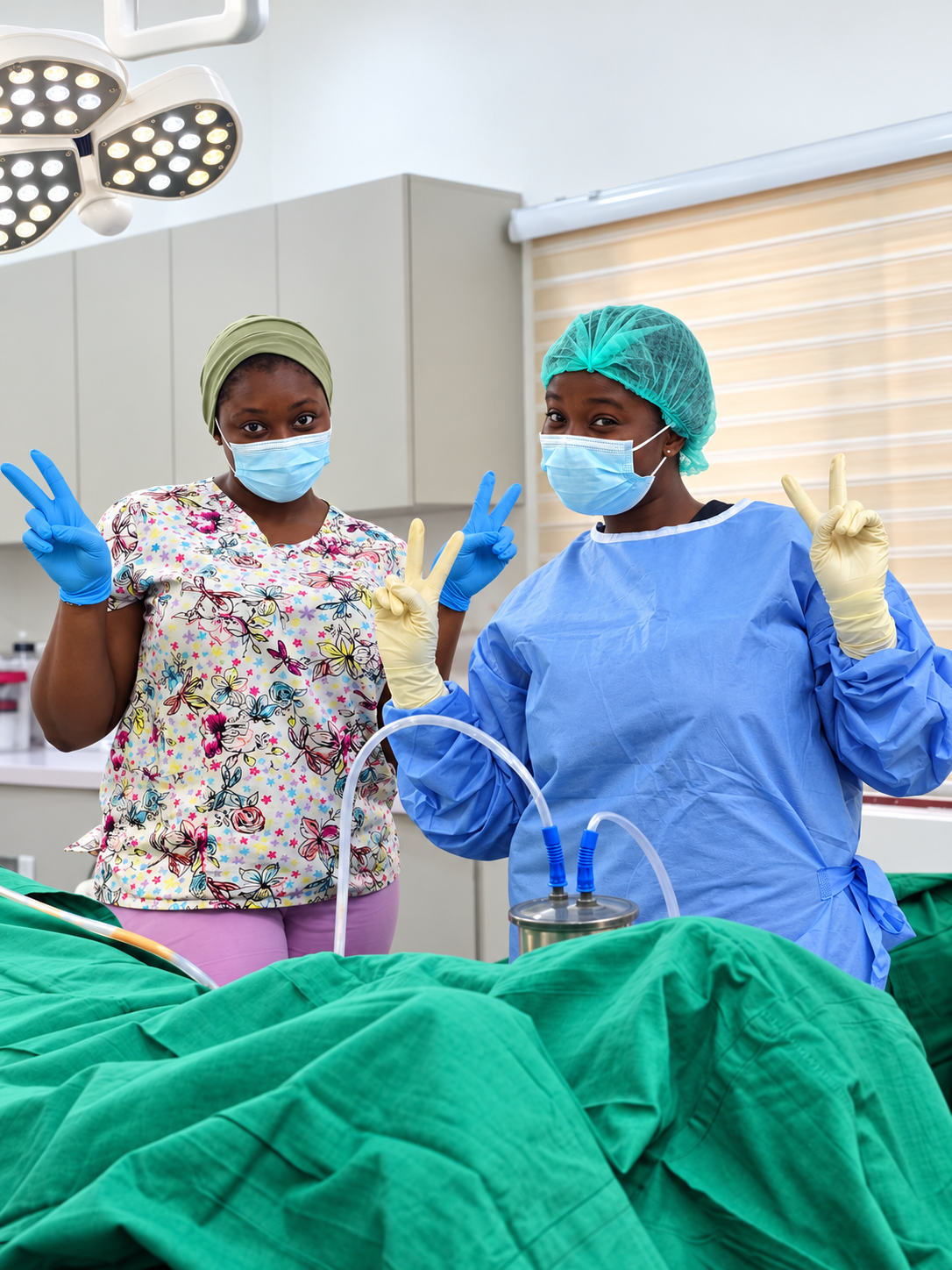 Two Elixir Clinic nurses in surgical caps, masks and gowns smiling beside a draped operating table beneath a surgical lamp.