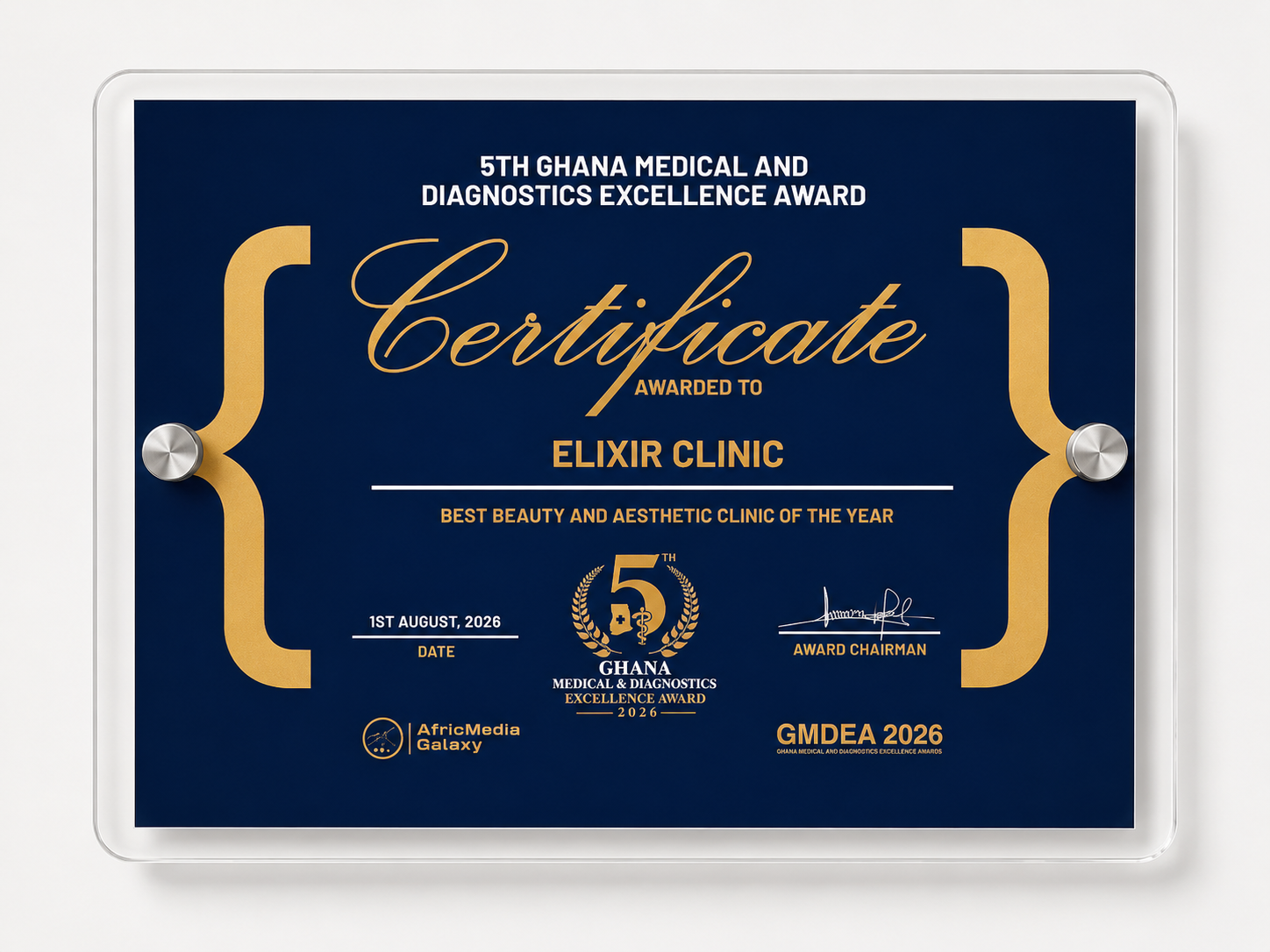 Elixir Clinic's plaque from the 5th Ghana Medical and Diagnostics Excellence Awards 2026, naming the clinic Best Beauty and Aesthetic Clinic of the Year, dated 1st August 2026.
