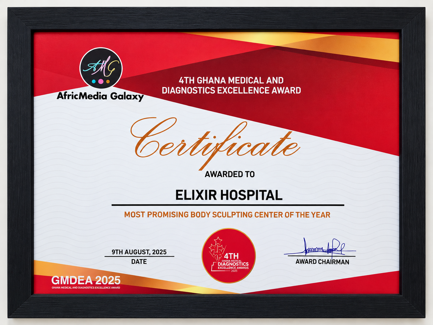 Elixir Clinic's framed certificate from the 4th Ghana Medical and Diagnostics Excellence Award 2025 for Most Promising Body Sculpting Center of the Year, dated 9th August 2025.
