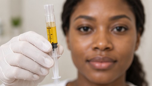 Illustrative image: gloved hand holding a prepared PRP syringe beside a woman’s face.
