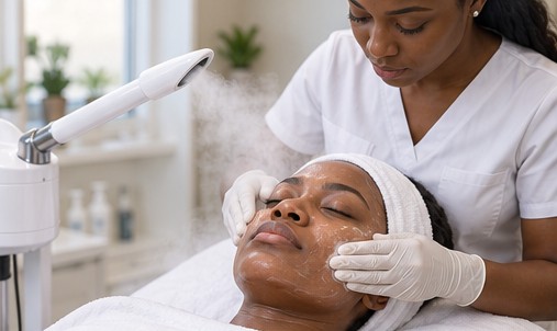 Illustrative image: woman receiving a steam facial from a gloved practitioner.