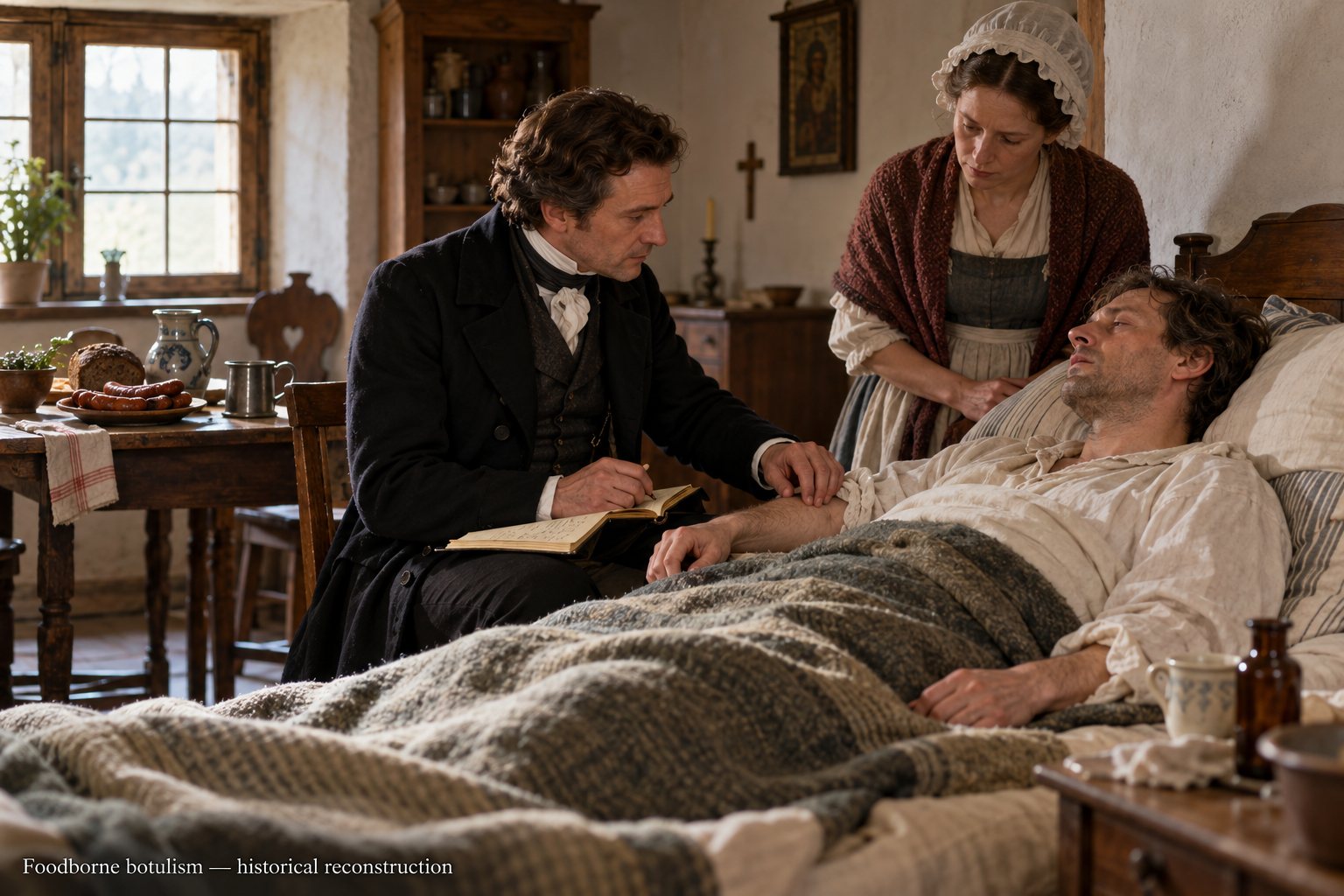 A period physician attending a weakened adult patient in a historical sickroom reconstruction.