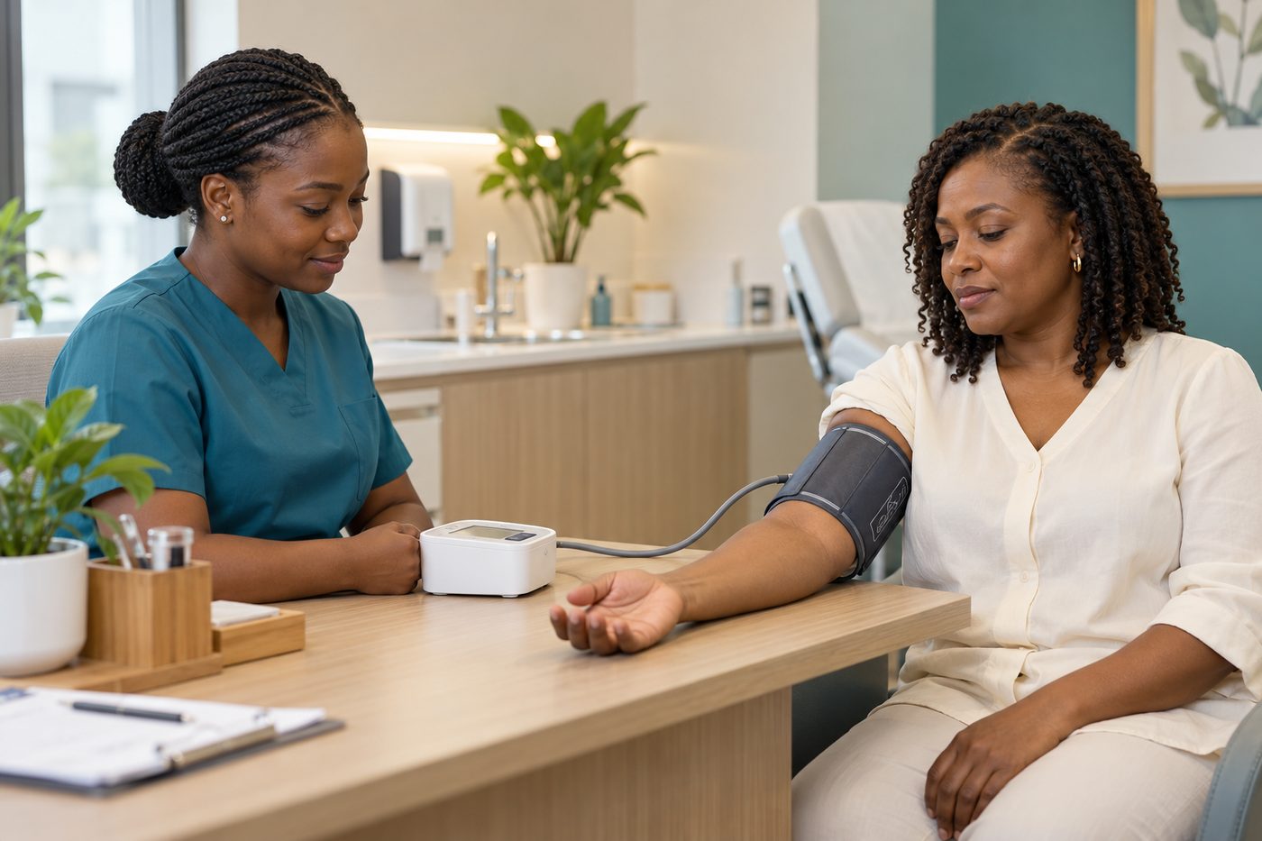A nurse measuring a seated patient’s blood pressure during the initial assessment.