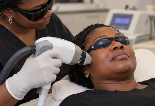 Practitioner holding a handheld treatment device to the face of a woman wearing protective eyewear.