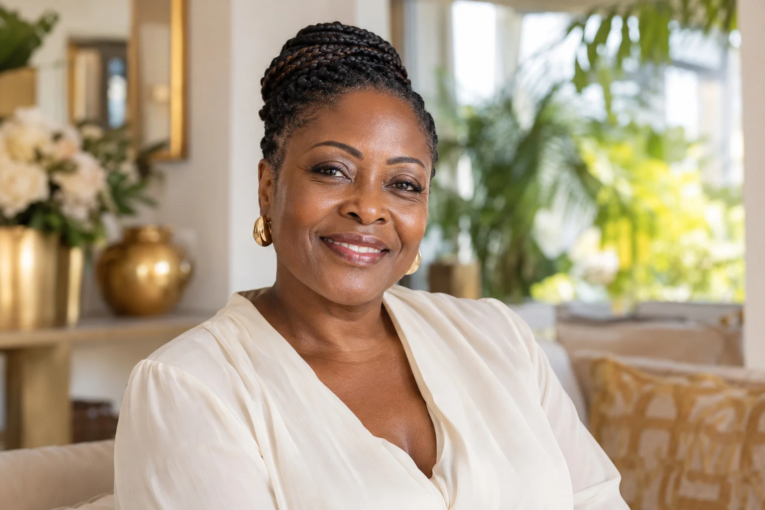 Ghanaian woman in her fifties with natural mature skin and a confident smile.