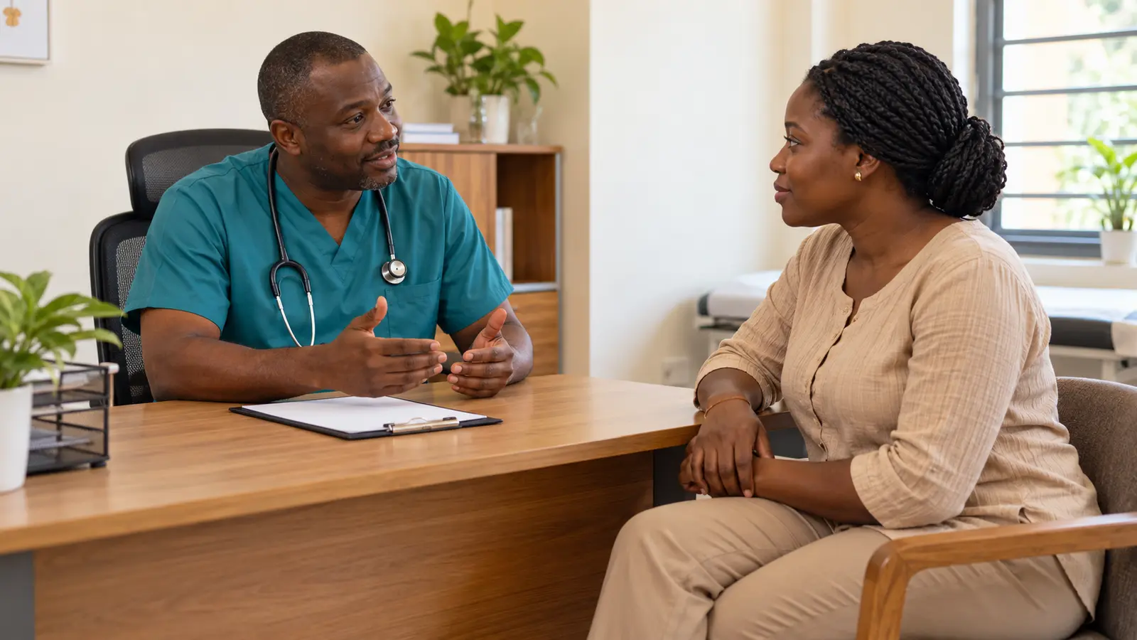 Doctor and patient discussing treatment during a consultation.
