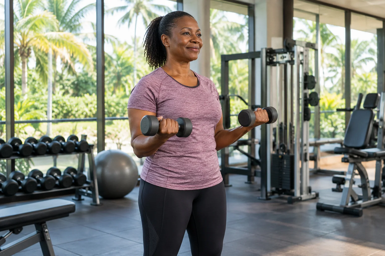 Ghanaian woman over 40 performing a controlled standing dumbbell curl.