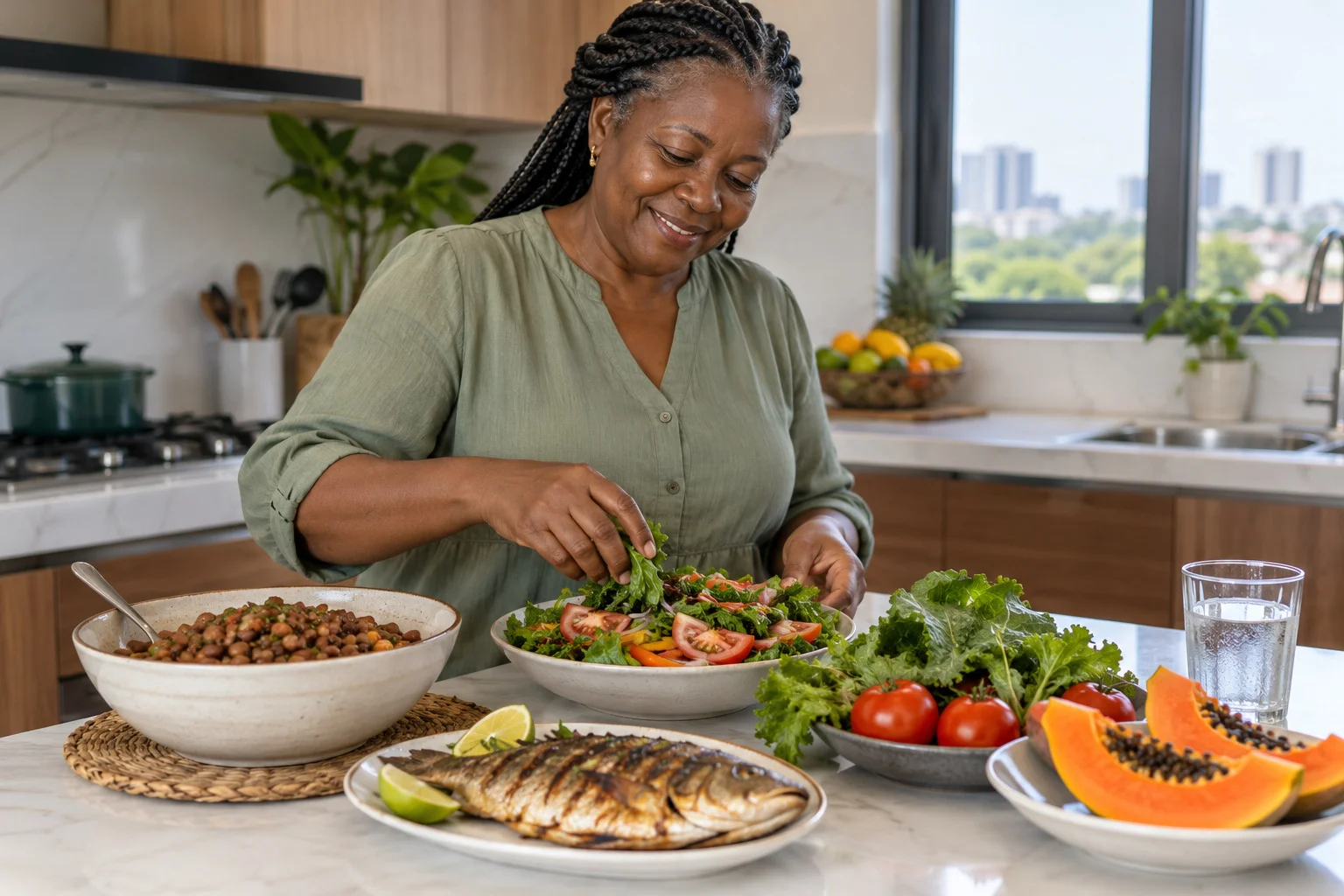 Ghanaian woman in her fifties preparing vegetables, beans and fish in a bright kitchen.