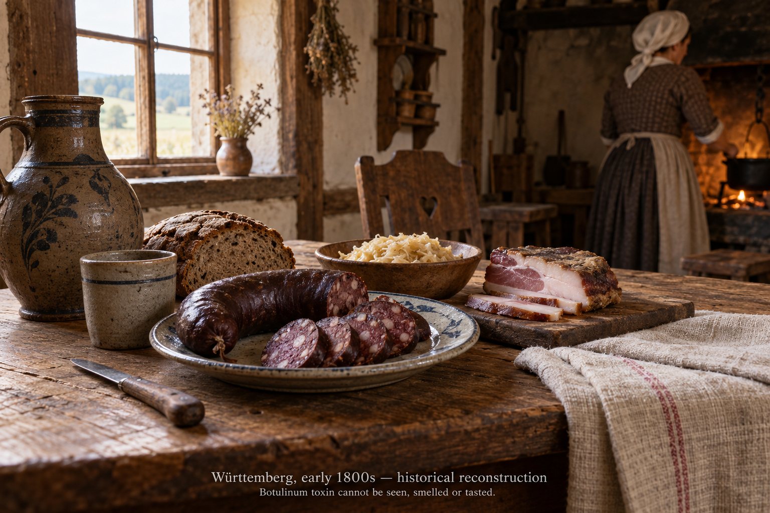 Historically reconstructed German household scene with preserved sausages on a wooden table.