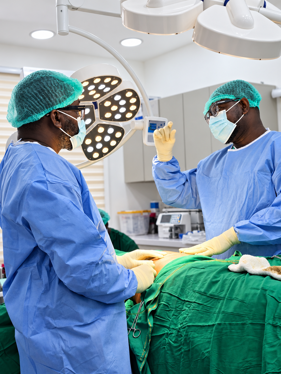 Two Elixir Clinic surgeons in gowns, caps, masks and gloves performing a procedure on a draped patient in the operating theatre, beneath the surgical lights.