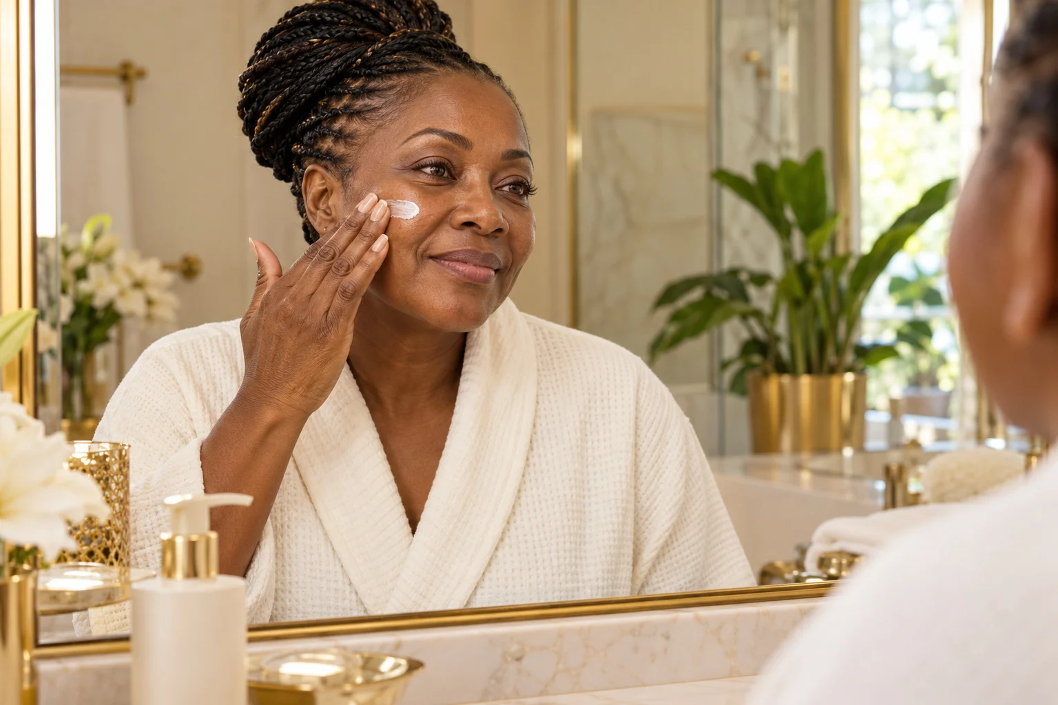 Ghanaian woman over 40 gently applying sunscreen during her morning skincare routine.