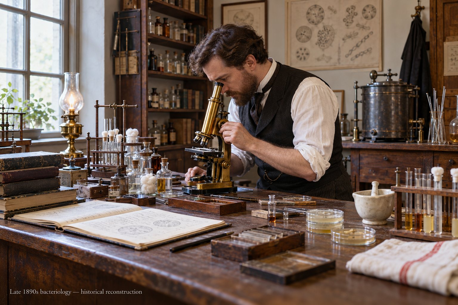 A fictional nineteenth-century scientist examining a slide with a period microscope.