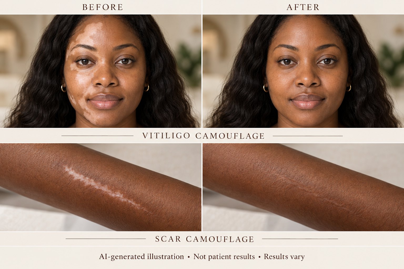 Illustrative before-and-after collage showing vitiligo camouflage on a woman’s face and scar camouflage on an arm.