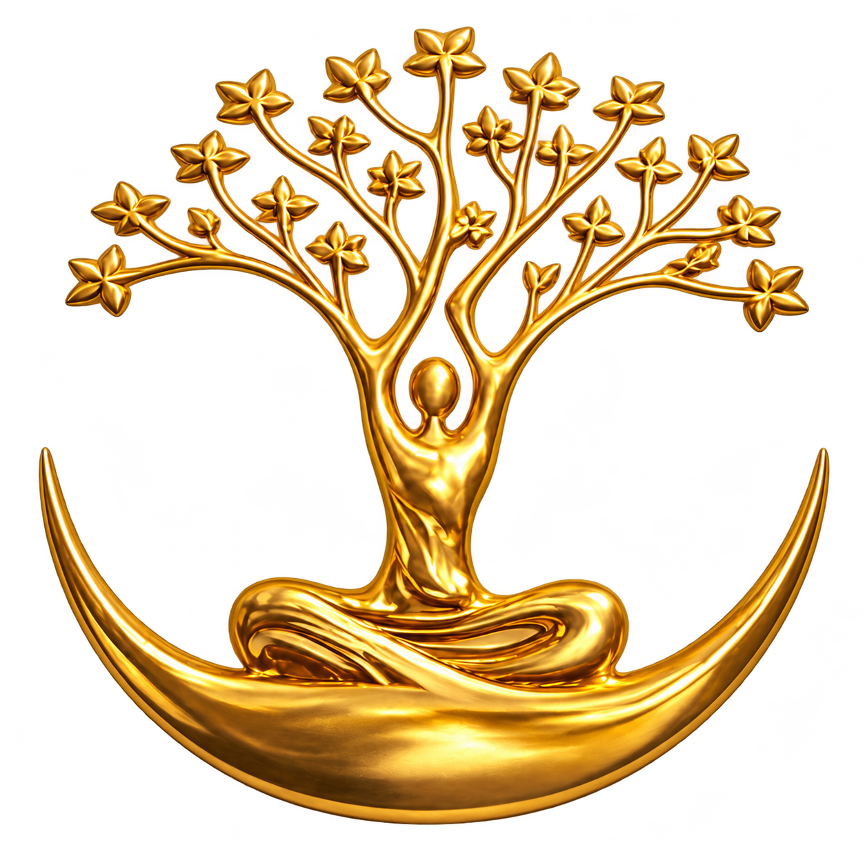 Elixir Clinic’s emblem in polished gold: a seated figure in a meditative pose resting inside an upward crescent, whose raised arms rise into the trunk and branching canopy of a stylised tree.