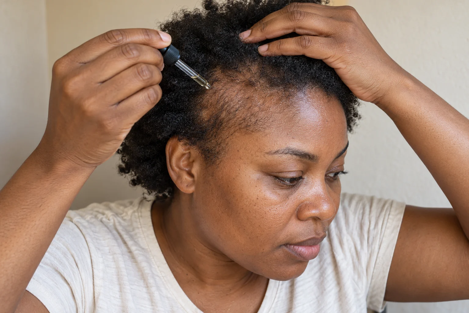 African woman with a loose natural hairstyle applying clinician-advised scalp medicine at a thinning temple.
