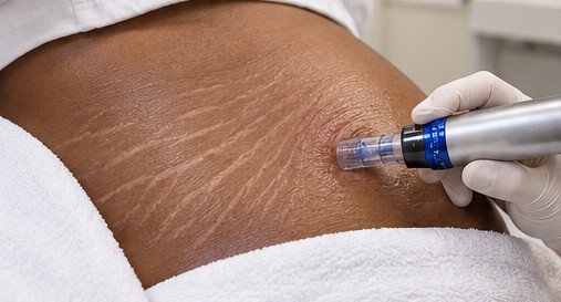 Illustrative image: microneedling device used on stretch marks on the abdomen.