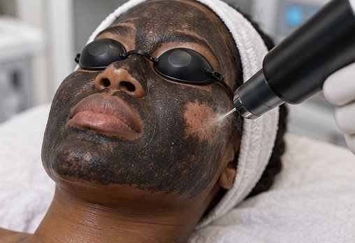 Illustrative image: laser over a carbon mask on a woman’s face, eyes protected.