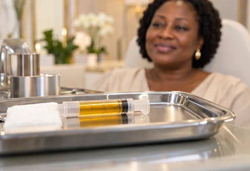 A syringe of prepared platelet-rich plasma on a steel tray, with a woman seated in the background.