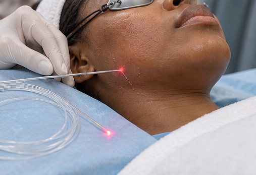 Illustrative image: fine fibre endolaser along a woman’s jawline.