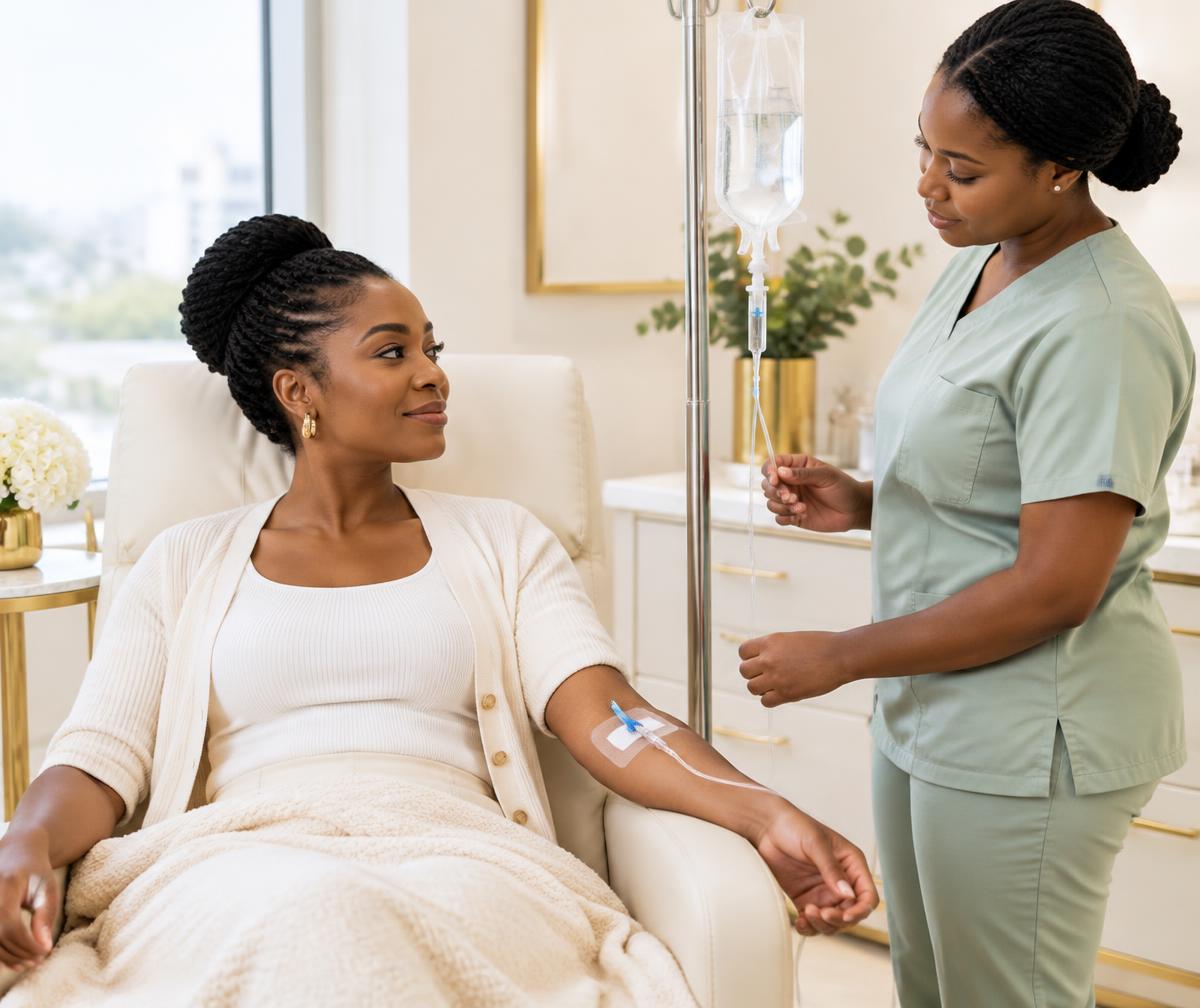 Illustrative image of a woman receiving an intravenous infusion with a nurse alongside her.